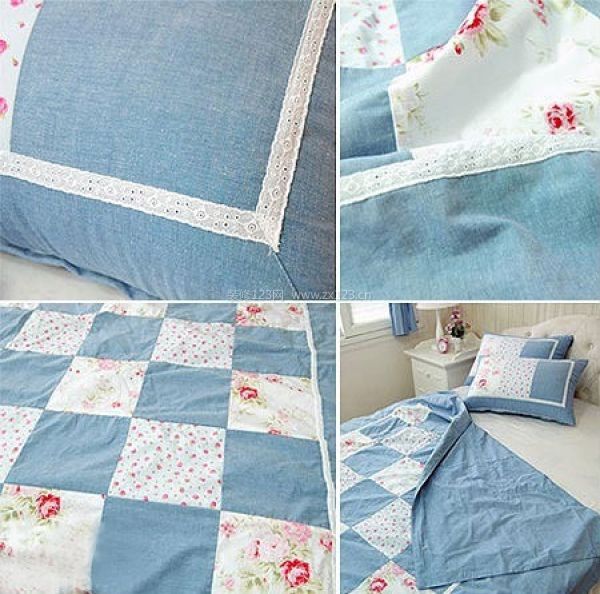 韩式田园风格卧室颜色搭配 蓝色格纹拼花床品