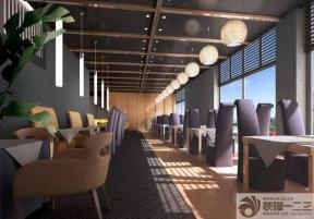 酒店裝修設計 酒店餐廳 卷簾 吊頂設計 玻璃吊頂 簡約吊燈 灰色墻面 墻磚墻面 木飾面板 方餐桌 木桌 藤椅 沙發椅子 靠背椅 