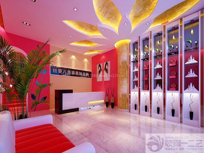 美容院设计主题墙 美容院前台 压纹壁纸 背景墙壁纸 背景墙设计 射灯
