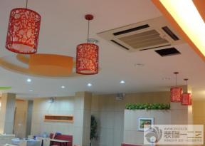 中式快餐店 鏤空雕花燈 簡約吊燈 中式燈具 石膏板吊頂 吊頂設(shè)計 吊頂造型 圓形吊頂 門面設(shè)計 墻磚墻面 褐色墻面 