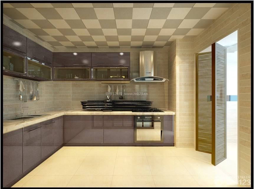 厨房设计 整体厨房 集成吊顶 黄色地砖 射灯 烤漆橱柜 紫色橱柜 整体橱柜 木质门 折叠门 墙砖墙面 杂色墙面 小格子砖墙面 