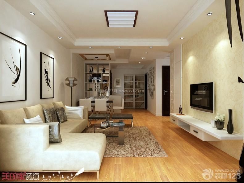 现代简约风格 三室两厅装修设计 客厅装修设计 深黄色木地板 地垫