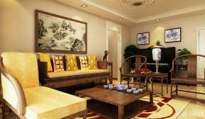 新中式风格 三室两厅装修设计 客厅风水画 沙发垫 多人沙发 贵妃榻 