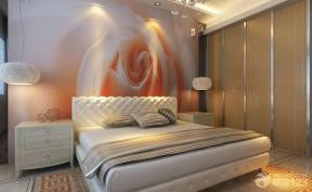 现代简约风格 三室两厅 女生卧室设计 双人床 软床 背景墙设计 大花壁纸 