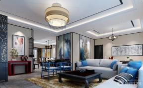 新中式风格 三室两厅装修设计 客厅墙画 客厅装饰 组合沙发 布艺沙发 客厅与餐厅隔断 隔断屏风 