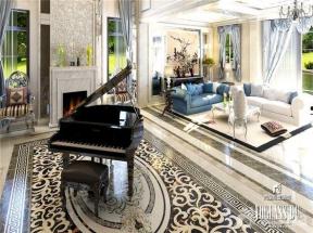 美式装修风格 大客厅 钢琴 拼花地砖 