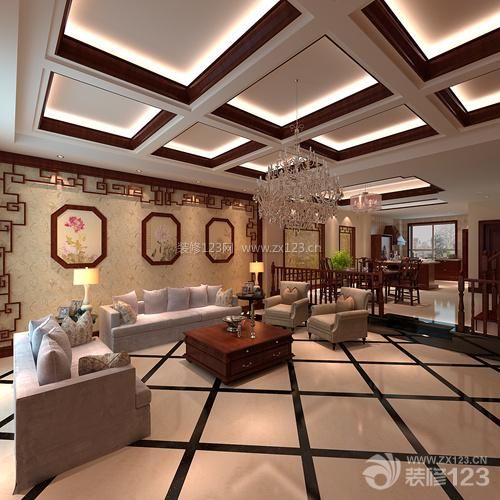 新中式风格 大客厅 别墅装修设计 