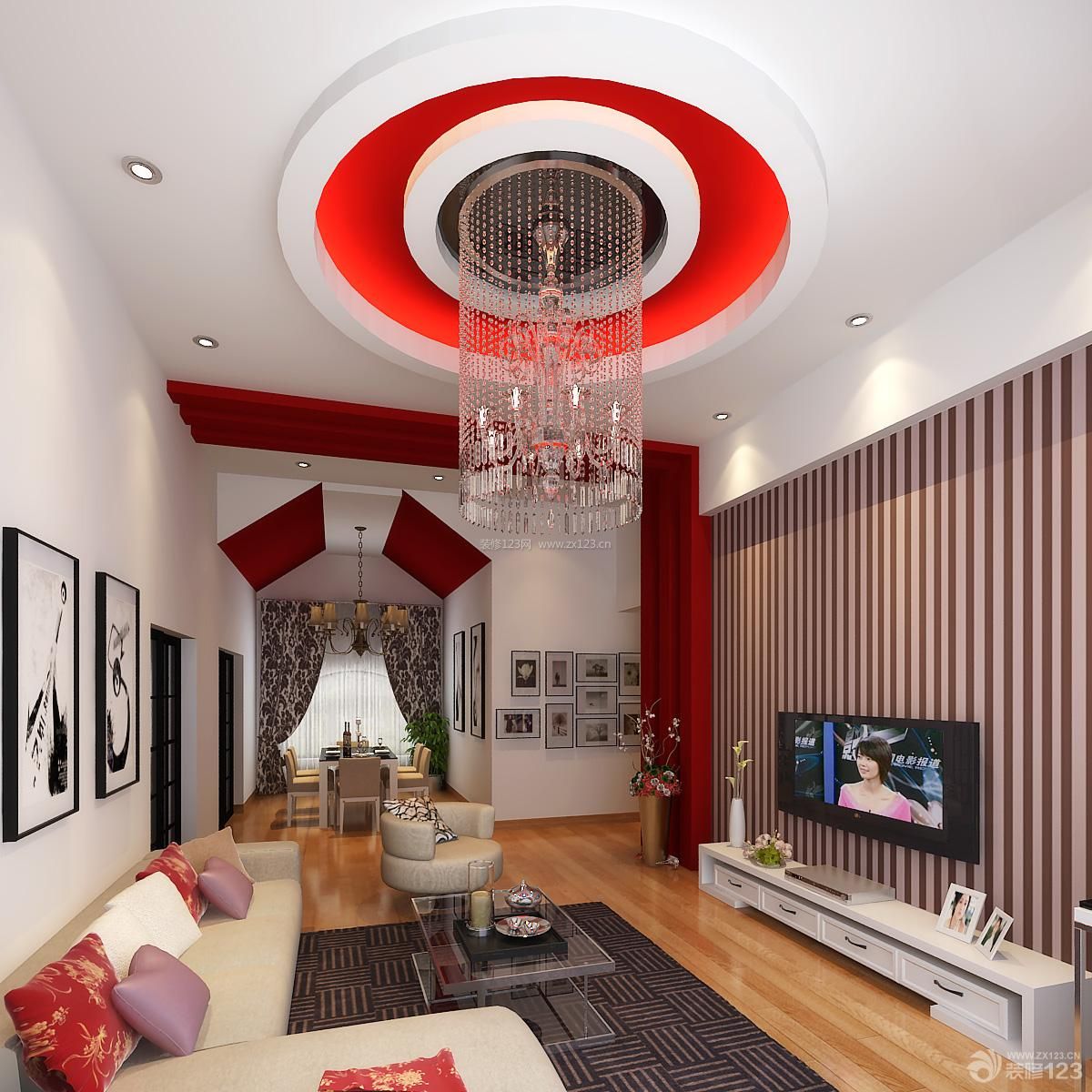 现代客厅圆形吊顶水晶灯设计装修图片