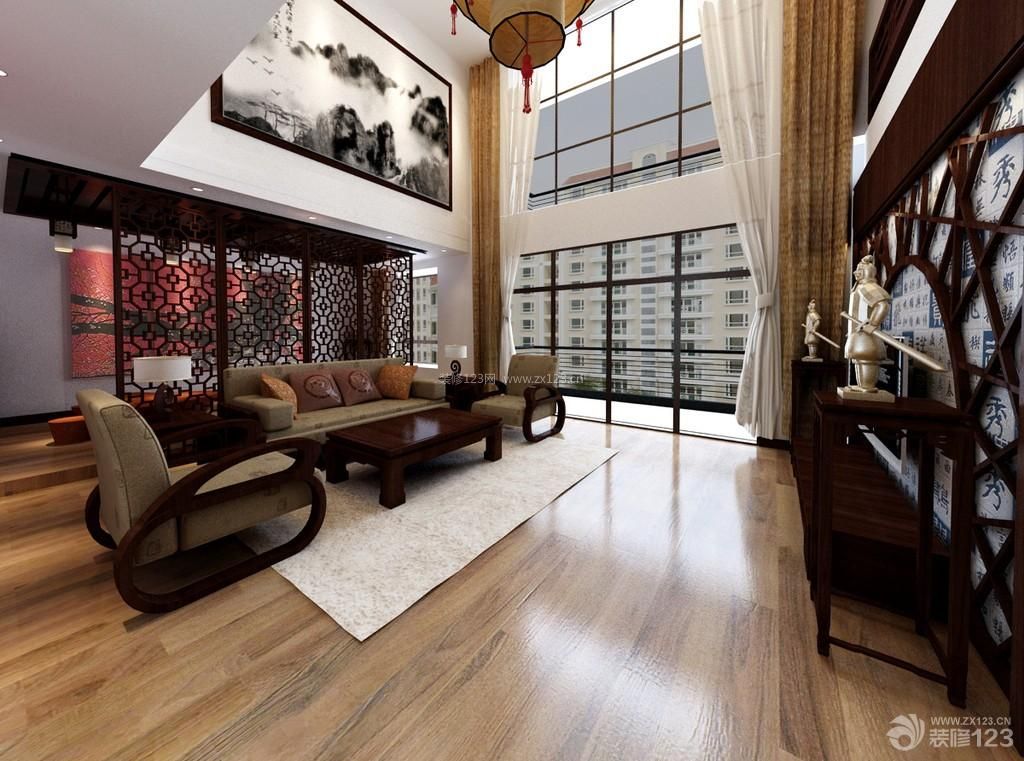 新中式风格复式楼客厅装修设计效果图片