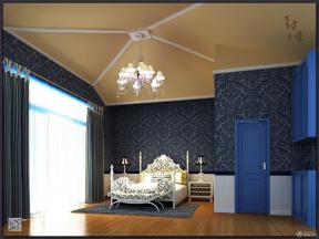 蓝色花纹壁纸大卧室装修设计图片