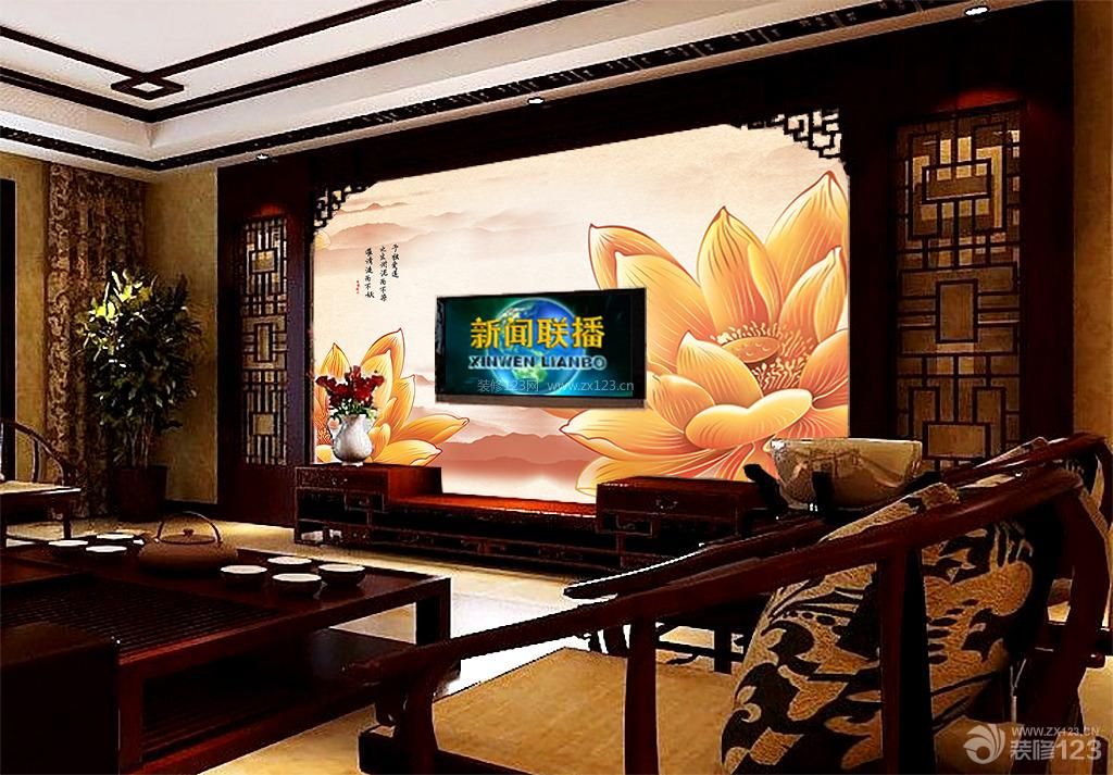 中式手绘3d莲花电视背景墙装修效果图片