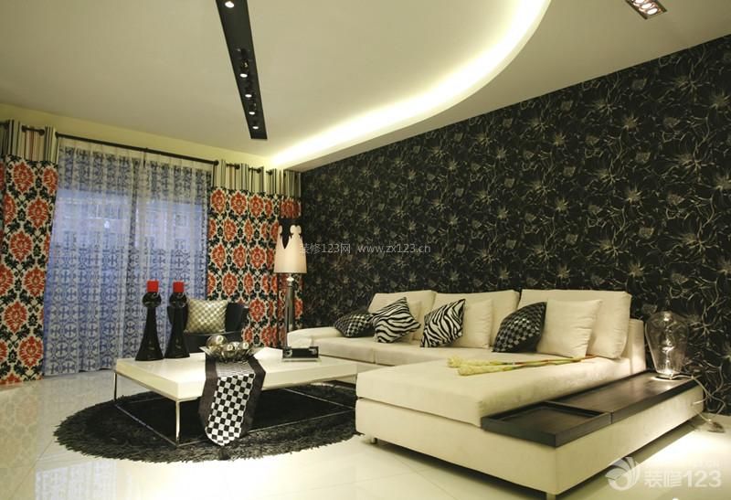110平方现代风格深色调沙发背景墙墙纸装饰图