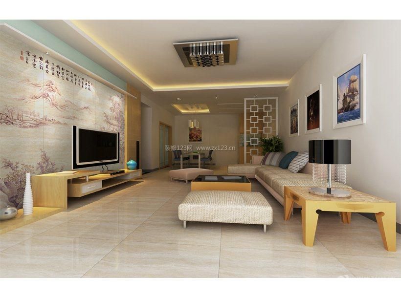 家庭装修混搭风格 长方形客厅 室内电视背景墙