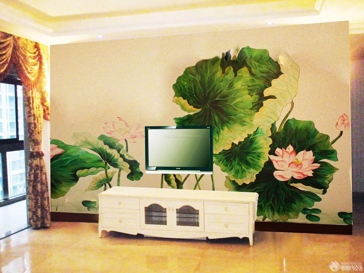 新中式客厅手绘电视背景墙装修图片 – 设计本装修效果图
