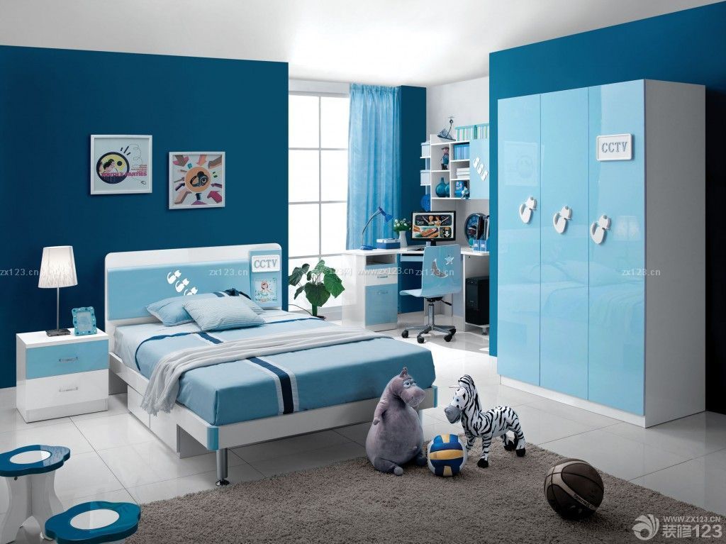 蓝色经典120平米三室一厅两卫男生卧室装修设计图片
