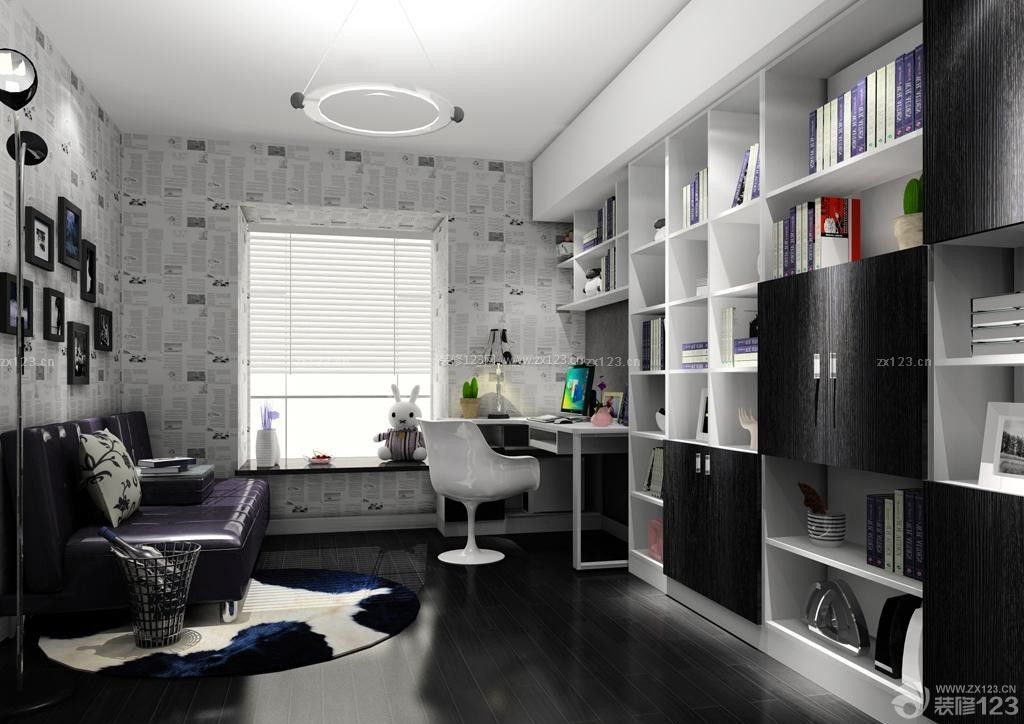 黑白搭配80后新房创意书房设计效果图