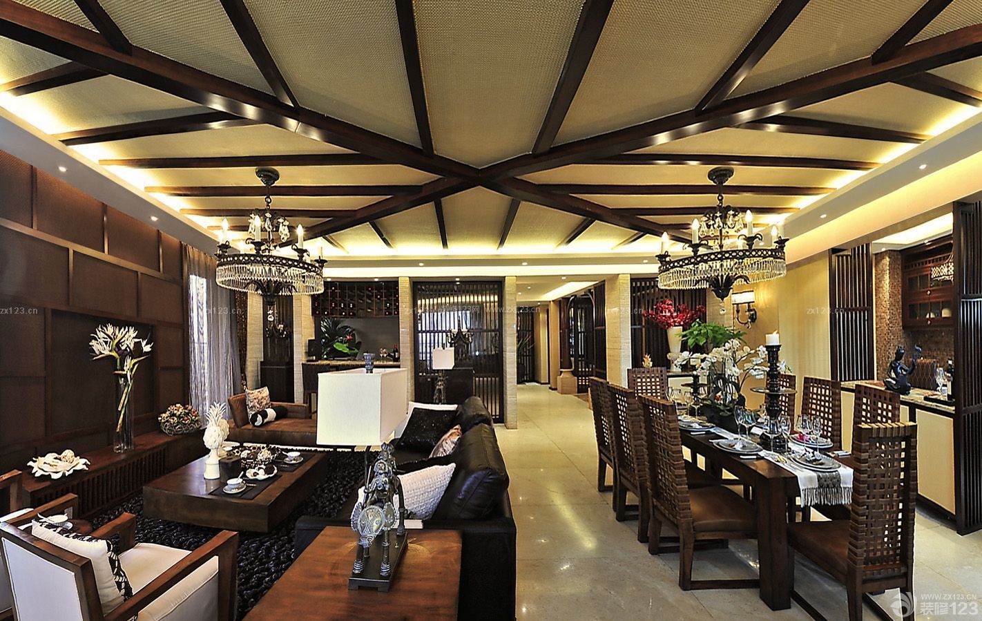 东南亚风格设计 木质吊顶 客餐厅效果图