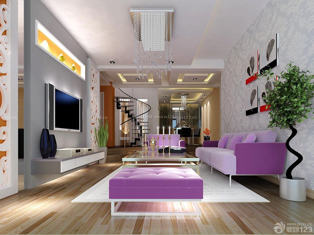 现代时尚跃层客厅墙纸装饰效果图