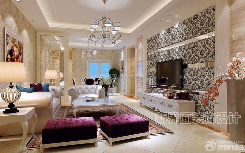 欧式家装设计效果图 时尚客厅 花纹壁纸