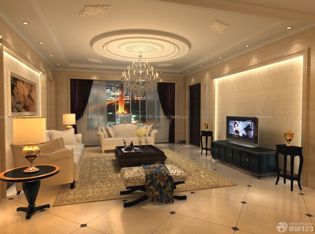 新古典风格两室两厅一卫客厅玻璃天花板设计效果图