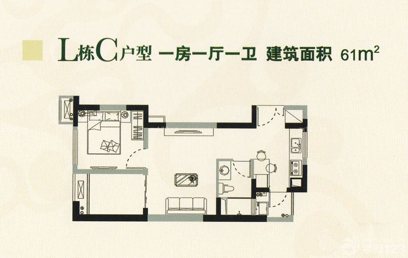 懿峰雅居户型图l栋c型单位 1室 面积:61.00m2