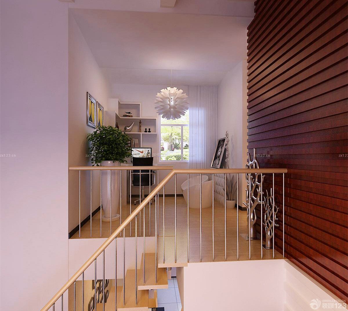 现代简约小阁楼楼梯不锈钢立柱设计效果图