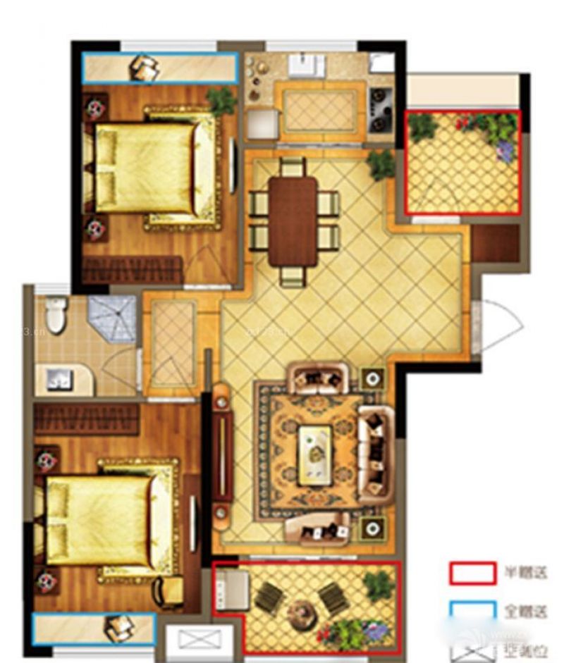 禹洲中央广场户型图1-3a#楼b1户 面积:97.88m2