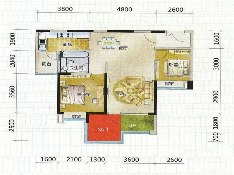 中山时代倾城户型图86平两房户 面积:86.00m2