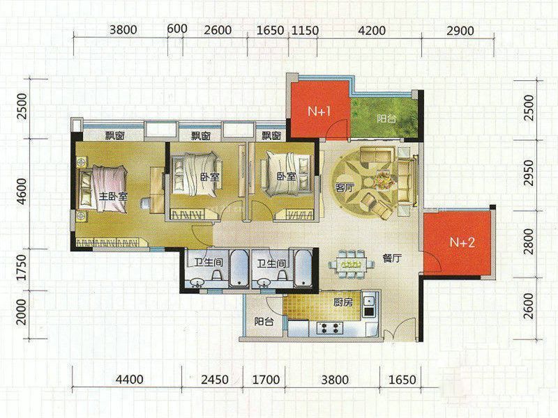 中山时代倾城户型图129平3房户 面积:129.00m2