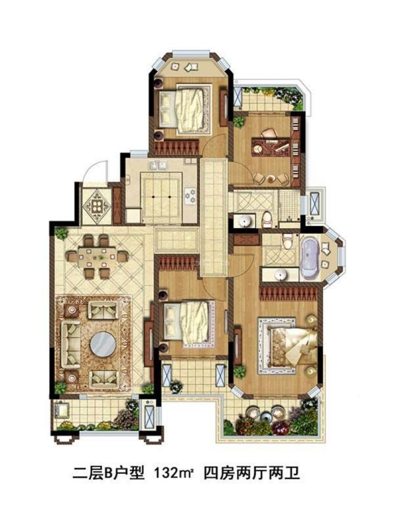 金地湖城艺境户型图二层b户型1 面积:135.00m2