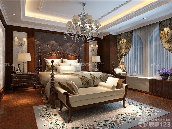 现代中式风格主卧室四柱床软包背景墙装修图
