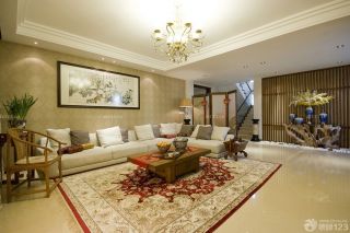 中式家具摆放跃层式住宅家庭客厅背景墙装饰实景图