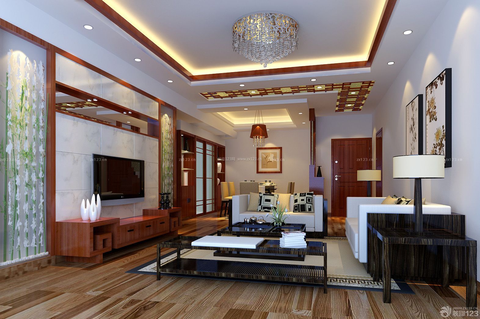 新中式风格 正方形客厅 室内吊顶 水晶灯