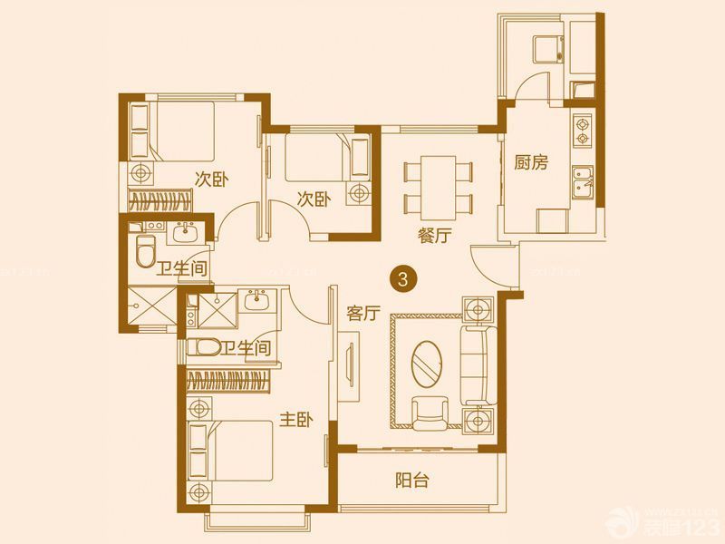 恒大帝景户型图6#7#8#楼1单元3 面积:123.00m2