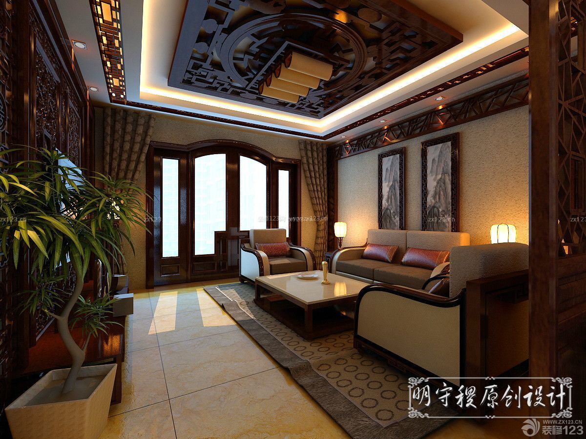 新中式风格 长方形客厅 天花板吊顶