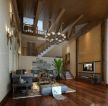美式家装跃层式住宅时尚客厅深褐色木地板装修图