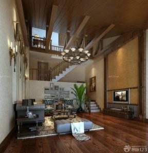 美式家装效果图 跃层式住宅 时尚客厅 深褐色木地板
