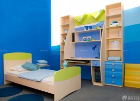 蓝色调家装儿童卧室写字台书柜组合设计图片