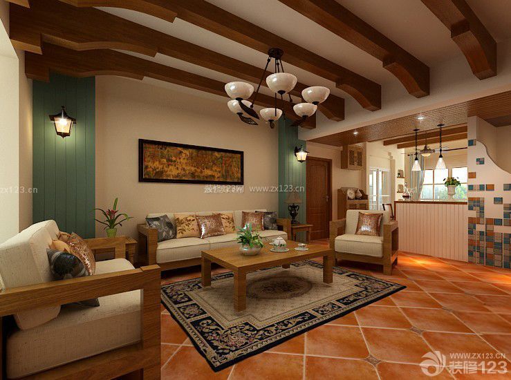 东南亚风格设计 时尚客厅 组合沙发 实木吊顶