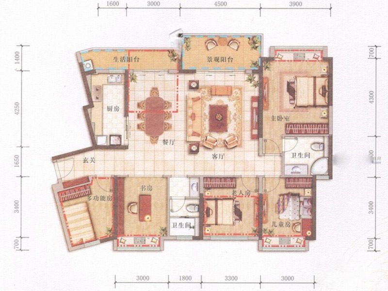 天峦湖户型图2栋A座A2户型 4室 面积:137.00m2