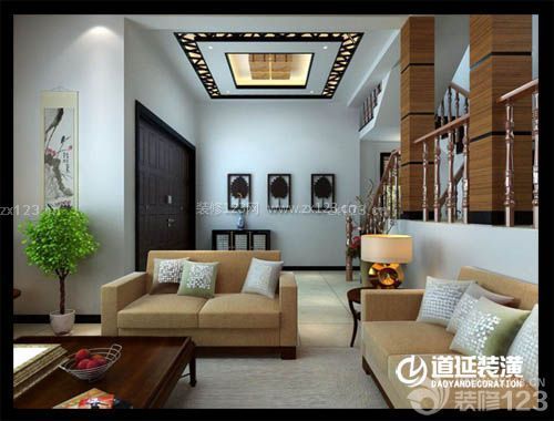 中式仿古装修效果图 时尚客厅 小跃层 双人沙发