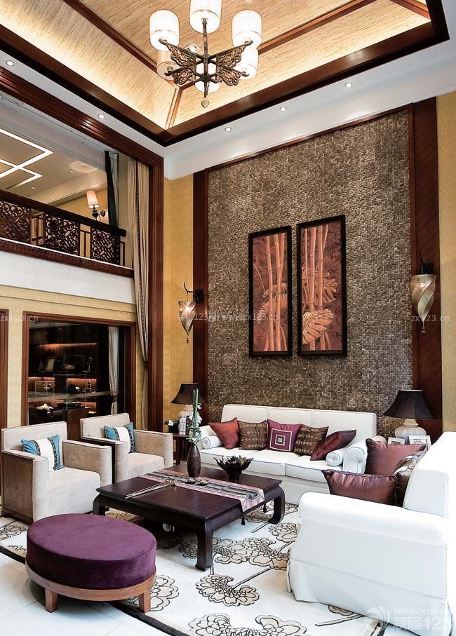 东南亚风格设计 复式住宅装修效果图 挑高客厅装修效果图 背景墙装饰