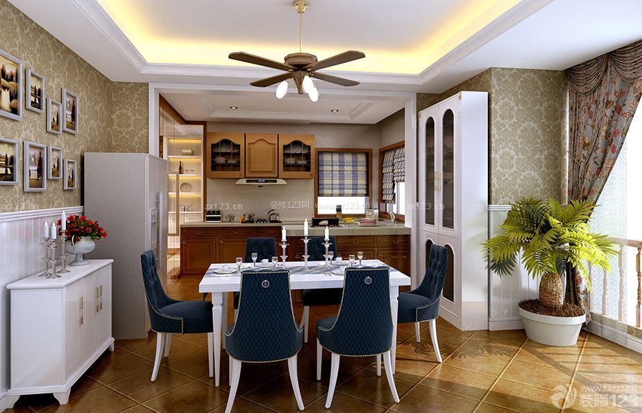小跃层家庭餐厅餐桌餐椅欧式风扇灯图片