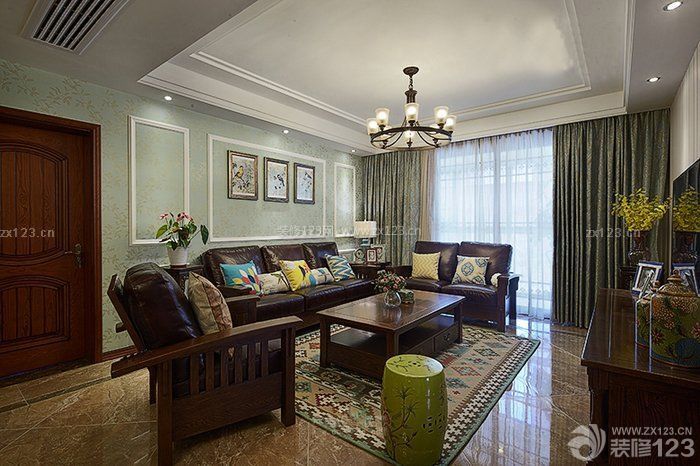 美式家装效果图 最新客厅装修效果图 组合沙发 背景墙颜色