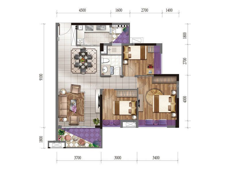 班芙小镇户型图92平米三房户型 面积:92.00m2