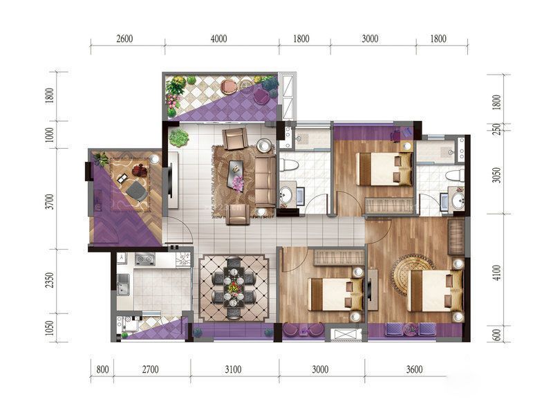 班芙小镇户型图105平米四房户型 面积:105.00m2