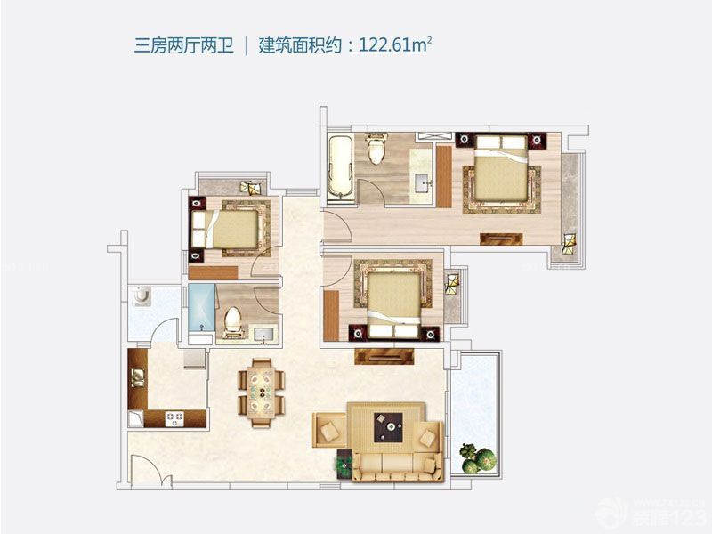 天韵·瑚璟户型图B3户型 3室2厅 面积:122.61m2