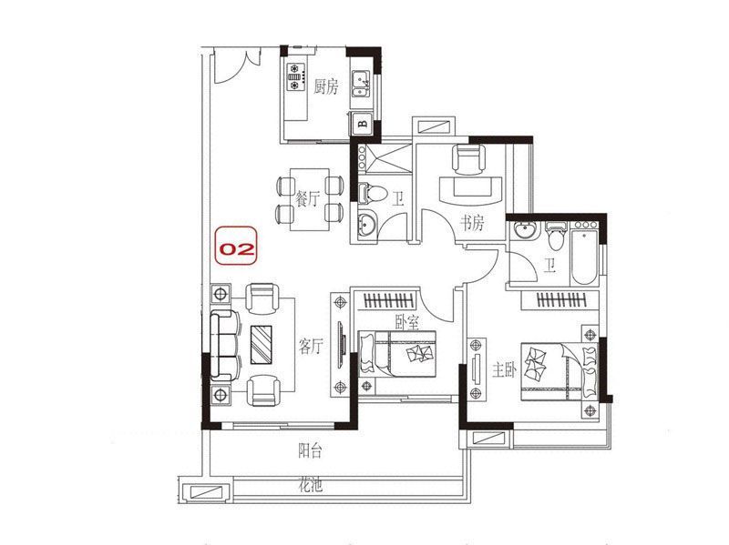 芙蓉春晓户型图6栋02户型 3室2 面积:107.34m2