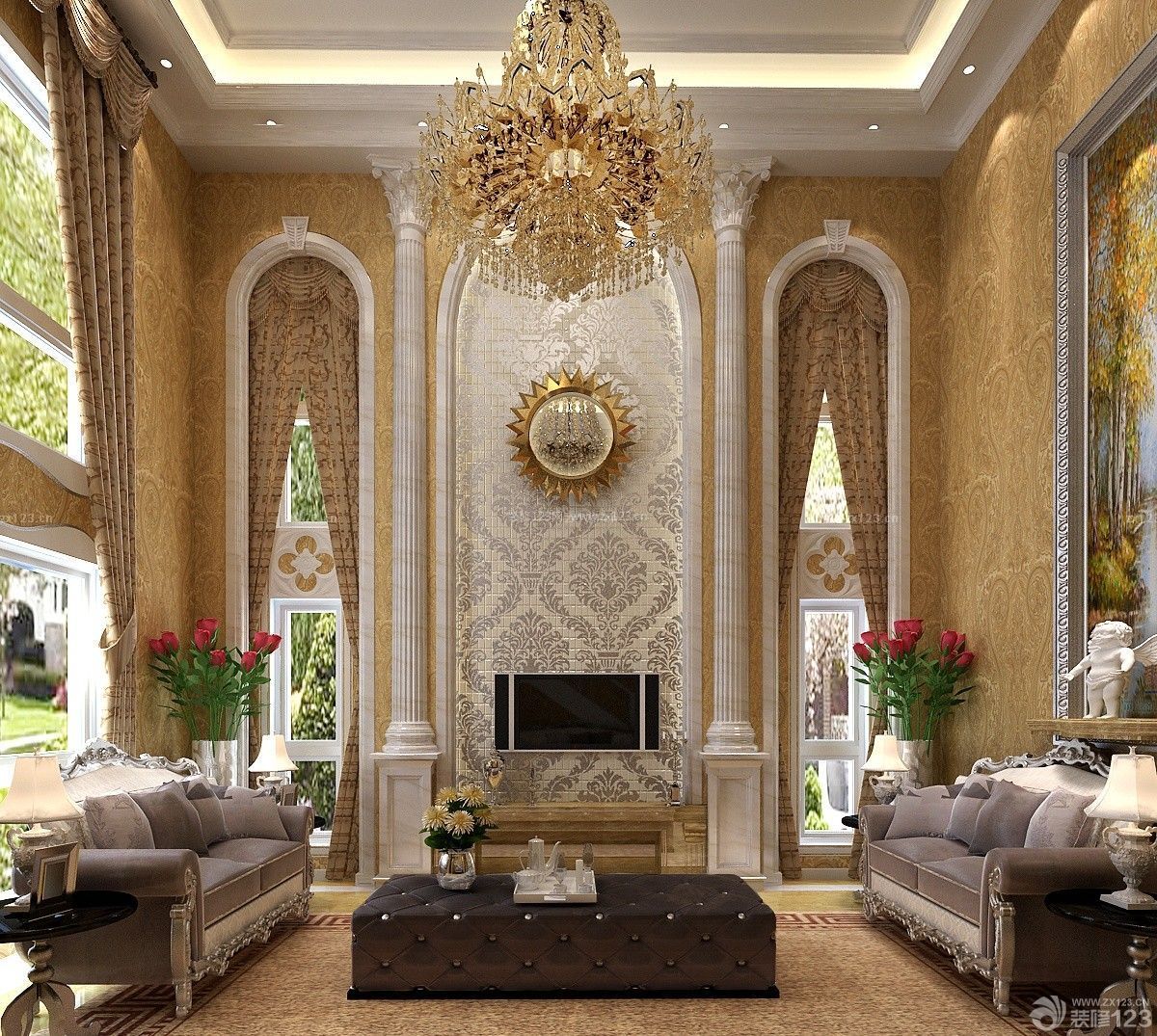 欧式风格别墅客厅窗帘装饰效果图