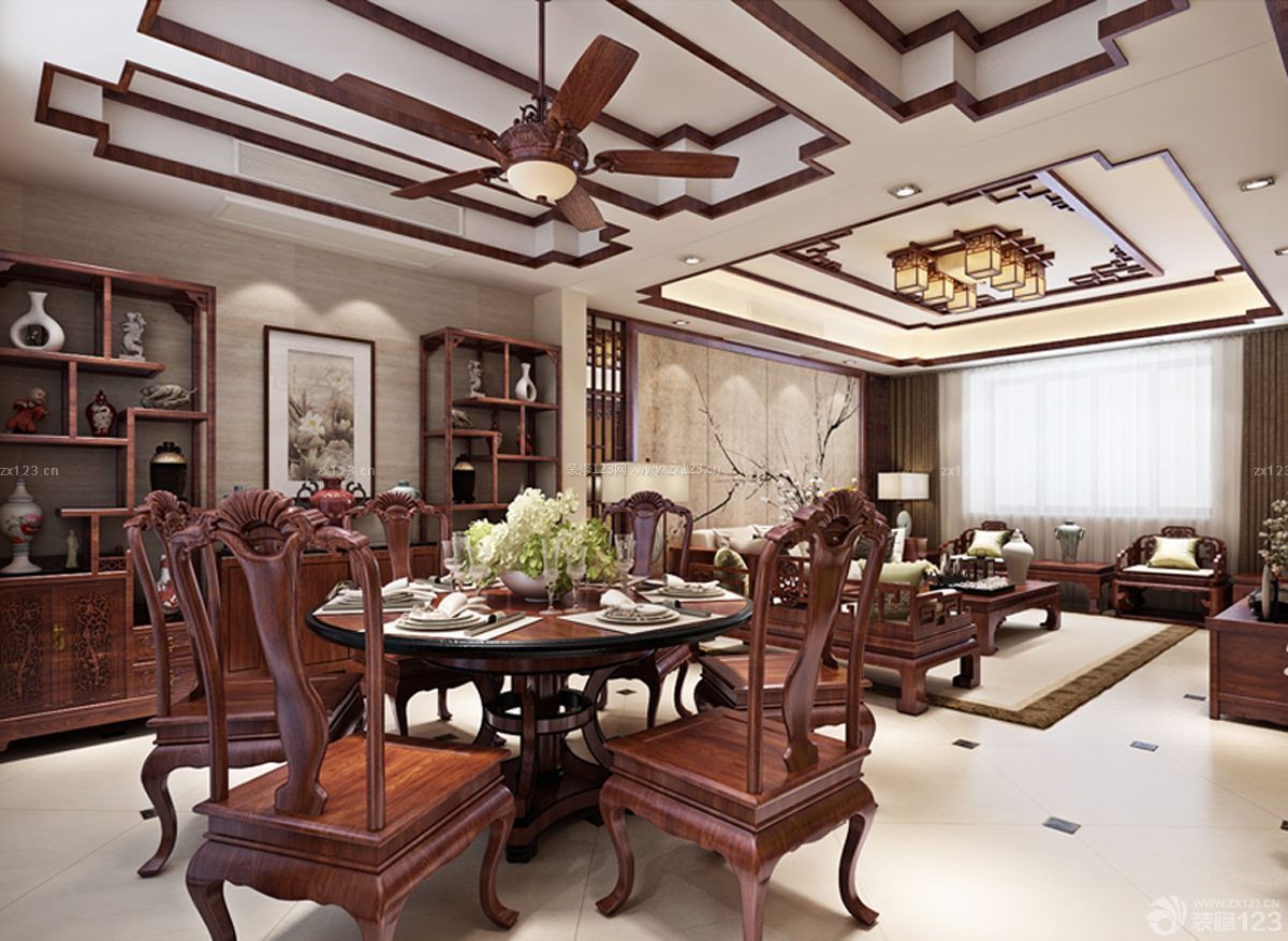 新中式风格 时尚别墅 家庭餐厅 圆餐桌